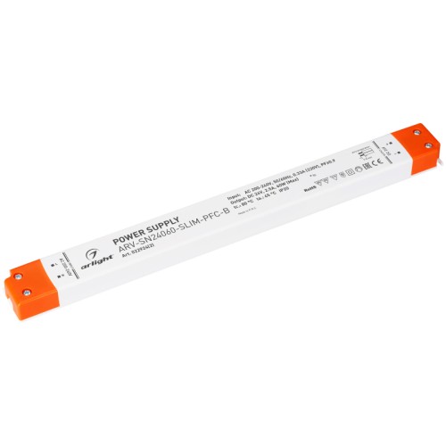 Блок питания ARV-SN24060-SLIM-PFC-B (24V, 2.5A, 60W) (Arlight, IP20 Пластик, 3 года) Источник напряжения с гальванической развязкой для светодиодных изделий. Входное напряжение 220-240 VAC. Выходные параметры: 24 В, 2.5 А, 60 Вт. Встроенный PFC >0.9. Негерметичный пластиковый корпус IP 20. Габаритные размеры длина 305 мм, ширина 30 мм, высота 16.7 мм. Гарантийный срок 3 года.