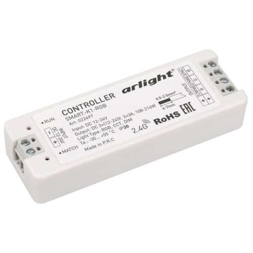 Контроллер SMART-K1-RGB (12-24V, 3x3A, 2.4G) (Arlight, IP20 Пластик, 5 лет) Контроллер для светодиодной RGB ленты (ШИМ). Питание/рабочее напряжение 12-24VDC, максимальный ток 3A на канал, 3 канала, максимальная мощность 108-216W. Винтовые клеммы. Корпус - PVC. Габариты 97x33x18 мм. Управляется пультами и панелями серии SMART (поставляются отдельно).