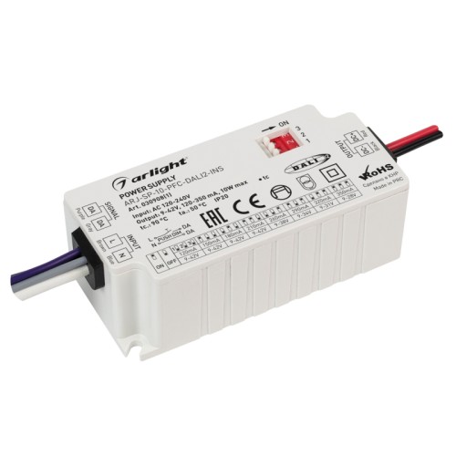 Блок питания ARJ-SP-10-PFC-DALI2-INS (10W, 9-42V, 0.12-0.35A) (Arlight, IP20 Пластик, 5 лет) Диммируемый источник тока по протоколу DALI 2.0 с гальванической развязкой для светильников и мощных светодиодов. Входное напряжение 120-277 VAC. Выходные параметры: 9-42 V - 120/150/180/210 mА, 9-38V - 260mA, 9-34V - 290mA, 9-31V - 320mA, 9-28V - 350mA (дип-переключатель на корпусе), макс. мощность 10W. Встроенный PFC >0,95. Негерметичный пластиковый корпус IP 20. Габаритные размеры длина 75 мм, ширина 35 мм, высота 27 мм. Гарантийный срок 5 лет.