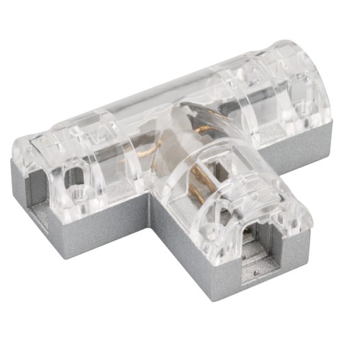 Соединитель тройной ARL-CLEAR-Mini-2x90 (16x8mm) (Arlight, Металл) Тройной 2-х контактный соединитель для гибкого мини-неона ARL-CF2835 16x8mm. Обеспечивает непрерывное соединение и сплошную линию свечения без разрывов. Требуется доп.герметизация для соединения IP65. Материал-алюминий, прозрачный пластик. Размеры ДхШ: 60х45мм. Цена за 1шт.