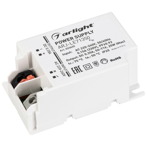 Блок питания ARJ-LE71350 (25W, 350mA, PFC) (Arlight, IP20 Пластик, 3 года) Источник тока с гальванической развязкой для светильников и мощных светодиодов. Входное напряжение 220-240 VAC. Выходные параметры: 50-71 В, 350 mА, 25 Вт. Встроенный PFC >0.92. Негерметичный пластиковый корпус IP 20. Габаритные размеры длина 70 мм, ширина 43 мм, высота 30 мм. Гарантийный срок 3 года.