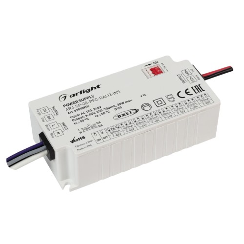 Блок питания ARJ-SP-20-PFC-DALI2-INS (20W, 9-45V, 0.35-0.7A) (Arlight, IP20 Пластик, 5 лет) Диммируемый источник тока по протоколу DALI 2.0 с гальванической развязкой для светильников и мощных светодиодов. Входное напряжение 120-277 VAC. Выходные параметры: 9-45 V - 350/400 mА, 9-44V - 450mA, 9-40V - 500mA, 9-36V - 550mA, 9-33V - 600mA, 9-30V - 650mA, 9-28V - 700mA (дип-переключатель на корпусе), макс. мощность 20W. Встроенный PFC >0.95. Негерметичный пластиковый корпус IP 20. Габаритные размеры длина 88 мм, ширина 43 мм, высота 27 мм. Гарантийный срок 5 лет.