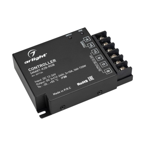 Контроллер SMART-K28-RGB (12-24V, 3x10A, 2.4G) (Arlight, IP20 Металл, 5 лет) Контроллер для светодиодной RGB ленты (ШИМ). Питание/рабочее напряжение 12-24VDC, максимальный ток 10A на канал, 3 канала, максимальная мощность 360-720W. Винтовые клеммы. Корпус - PVC. Габариты 110x75x25 мм. Управляется пультами и панелями серии SMART (поставляются отдельно).