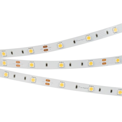 Лента RT 2-5000 12V Day4000 (5060, 150 LED, LUX) (Arlight, 7.2 Вт/м, IP20) Гибкая лента LUX, светодиоды smd 5060, 30шт/м (150шт на 5м), белая плата 10мм, скотч 3М. Цвет ДНЕВНОЙ 3800-4200K. Питание 12V, мощность 7.2 Вт/м (36 Вт на 5м), угол 120°, цветопередача CRI>85. Размеры 5000х10x2.2мм. Мин.отрезок 100мм, 3 шт светодиода. Пакет 5м. Цена за 1м.