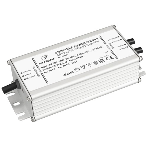 Блок питания ARPV-UH24100-PFC-0-10V (24V, 4.2A, 100W) (Arlight, IP67 Металл, 7 лет) Диммируемый источник напряжения по стандарту 0-10 В с гальванической развязкой для светодиодных изделий. Входное напряжение 220-240 VAC. Выходные параметры: 24 В, 4.2 А, 100 Вт. Встроенный PFC >0.95. Герметичный алюминиевый корпус IP 67. Рабочая температура -40…+70C⁰. Габаритные размеры длина 158 мм, ширина 67.5 мм, высота 38.5 мм. Гарантийный срок 7 лет.