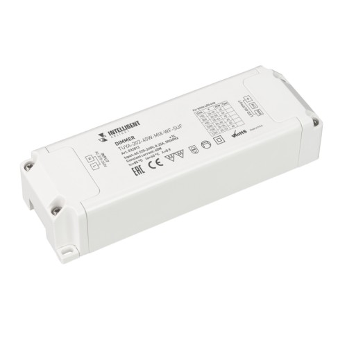 INTELLIGENT ARLIGHT Диммер TUYA-202-40W-MIX-WF-SUF (230V, 433MHz, 700-1200mA) (IARL, -) Диммер двухканальный, для светодиодных MIX (CCT, Tunable White) светильников. Выбор значения выходного тока осуществляется подстроечным резистором на плате. Вход 220-240V AC, PF>0.95 выход 700-1200mA@20-57V DC (в зависимости от вых. тока), мощность 40W. Низкий пусковой ток 