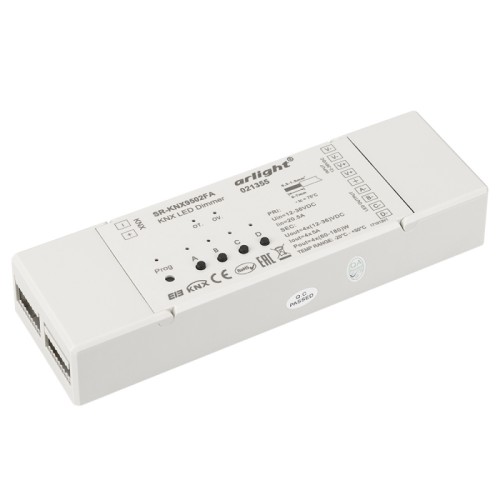 Диммер KNX SR-9502FA (12-36V, 240-720W) (Arlight, Пластик) Универсальный диммер стандарта KNX для локальной установки. 4 канала управления. До 15 сцен, питание 12-36 В, выход 4х5А, 240-720 Вт. Размеры 170x53x28 мм.