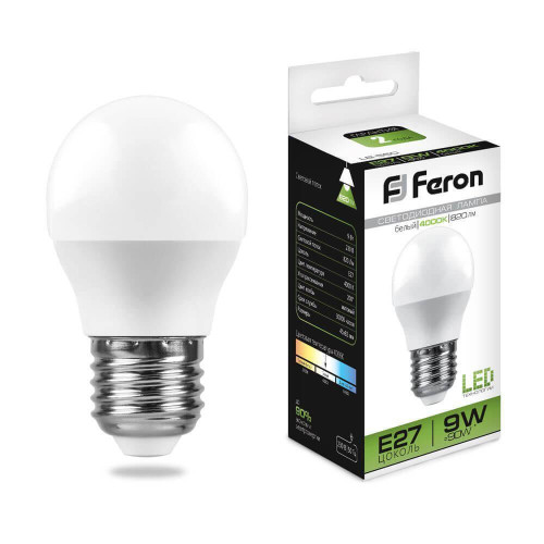 Лампа светодиодная Feron E27 9W 4000K Шар Матовая LB-550 25805 