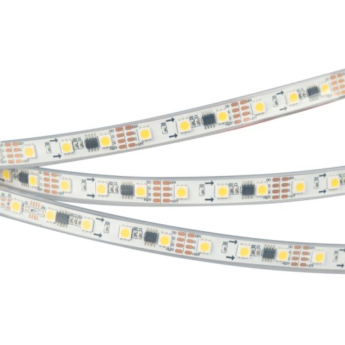 Лента SPI-5000P-AM 12V Warm3000 (5060, 60 LED/m, x3) (Arlight, Закрытый, IP66) Гибкая герметичная БЕЛАЯ лента Бегущие огни в силиконовой трубке (IP66), со СКОТЧЕМ 3M на обратной стороне, с драйвером 1804, встроенный в ленту контроллер с циклическим автозапуском 17 программ (Auto mode) и подкл-ем внеш. контроллера. Длина 5м, 300шт LED WarmWhite 5060, 20 pixel/m (1 pixel = 3 LED). Питание 12V, ном. мощн. 10 Вт/м (динамич. режим), макс. мощн-ть 13,2 Вт/м (статический белый цвет). Ширина 12 мм. Герметичные КРУГЛЫЕ коннекторы.