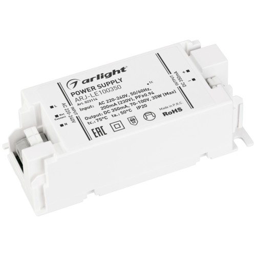 Блок питания ARJ-LE100350 (35W, 350mA, PFC) (Arlight, IP20 Пластик, 3 года) Источник тока с гальванической развязкой для светильников и мощных светодиодов. Входное напряжение 220-240 VAC. Выходные параметры: 70-100 В, 350 mА, 35 Вт. Встроенный PFC >0.94. Негерметичный пластиковый корпус IP 20. Габаритные размеры длина 97 мм, ширина 43 мм, высота 30 мм. Гарантийный срок 3 года.
