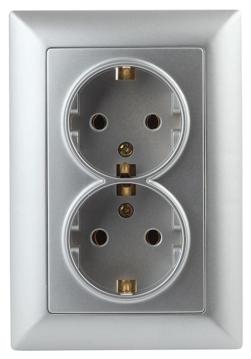 Розетка двойная ЭРА Intro Solo Schuko 2X2P+E 16A 250V серебро 4-205-03 Б0043335 