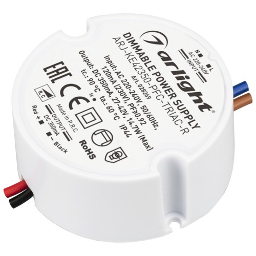 Блок питания ARJ-KE42350-PFC-TRIAC-R (15W, 350mA) (Arlight, IP44 Пластик, 5 лет) Диммируемый источник тока по стандарту TRIAC с гальванической развязкой для светильников и мощных светодиодов. Входное напряжение 220-240 VAC. Выходные параметры: 27-42 В, 350 mА, 15 Вт. Встроенный PFC >0,92. Негерметичный пластиковый корпус IP 44. Габаритные размеры диаметр в окружности Ø51 мм, высота 22 мм. Гарантийный срок 5 лет.