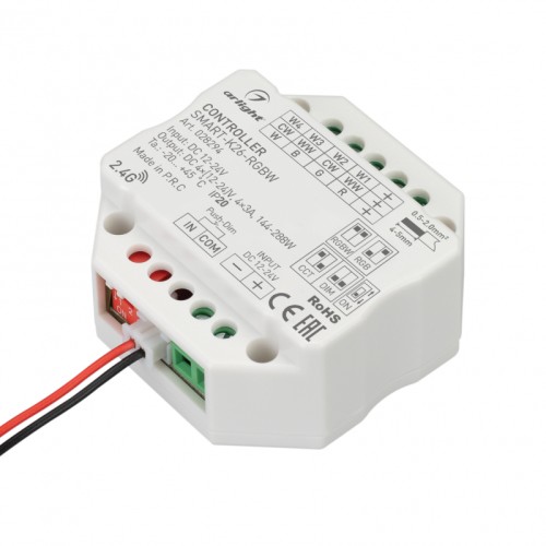 Контроллер SMART-K26-RGBW (12-24V, 4x3A, 2.4G) (Arlight, IP20 Пластик, 5 лет) Контроллер для RGBW светодиодной ленты (ШИМ) с функцией Push-Dim. Питание/рабочее напряжение 12-24VDC, максимальный ток 3A на канал, 4 канала. Максимальная мощность 144-288W. Винтовые клеммы, корпус - пластик. Габариты 52x52x26 мм, встраивается в стандартный подрозетник. Совместим с пультами и панелями SMART, поддерживающими управление по радиоканалу 2.4G.