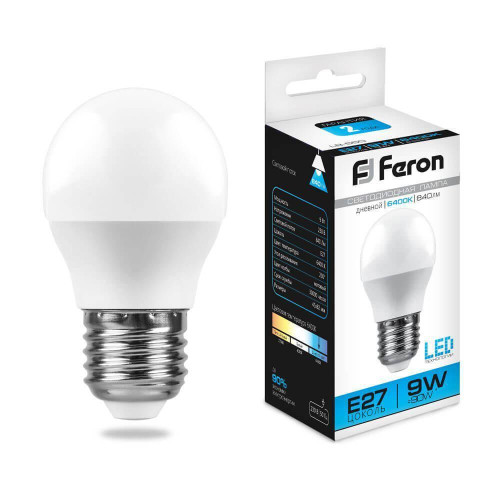 Лампа светодиодная Feron E27 9W 6400K Шар Матовая LB-550 25806 