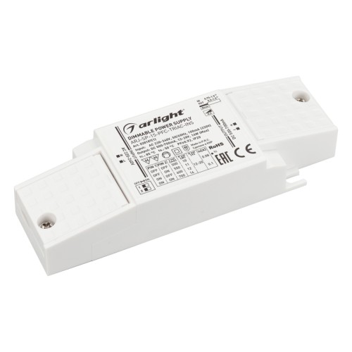 Блок питания ARJ-SP-15-PFC-TRIAC-INS (14W, 12-20V, 0.5-0.7A) (Arlight, IP20 Пластик, 5 лет) Диммируемый источник тока по стандарту TRIAC с гальванической развязкой для светильников и мощных светодиодов. Входное напряжение 220-240 VAC. Выходные параметры: 12-20 В, 500-700 mА, 14 Вт. Выбор значения тока осуществляется DIP-переключателем. Встроенный PFC >0,92. Негерметичный пластиковый корпус IP 20. Габаритные размеры 122х41х23 мм. (88х41х23 мм. без крышек). Гарантийный срок 5 лет.