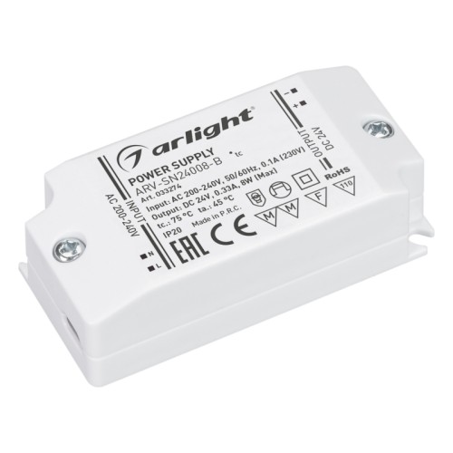 Блок питания ARV-SN24008-B (24V, 0.33A, 8W) (Arlight, IP20 Пластик, 3 года) Блок питания с гальванической развязкой 24V, ток 0,33А, 8Вт. Пластиковый корпус IP20. Совместимость со стандартом EMC. Вход: 200-240VAC. Размер 67х33х19.8 mm. Гарантия 3 года