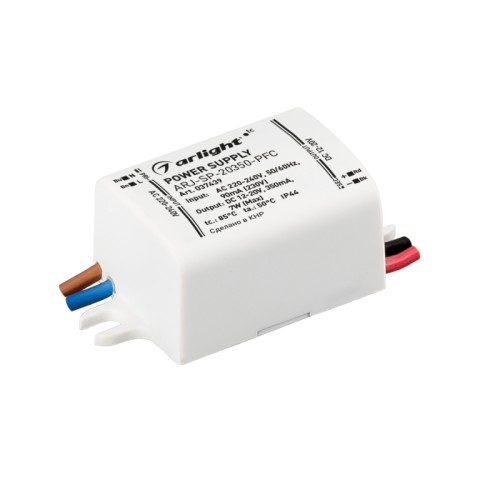 Блок питания ARJ-SP-20350-PFC (7W, 12-20V, 350mA) (Arlight, IP44 Пластик, 5 лет) Источник тока с гальванической развязкой для светильников и мощных светодиодов. Входное напряжение 220-240 VAC. Выходные параметры: 12-20 В, 350 mА, 7 Вт. Встроенный PFC >0.8. Негерметичный пластиковый корпус IP 44. Габаритные размеры длина 55 мм, ширина 27 мм, высота 21 мм. Гарантийный срок 5 лет.