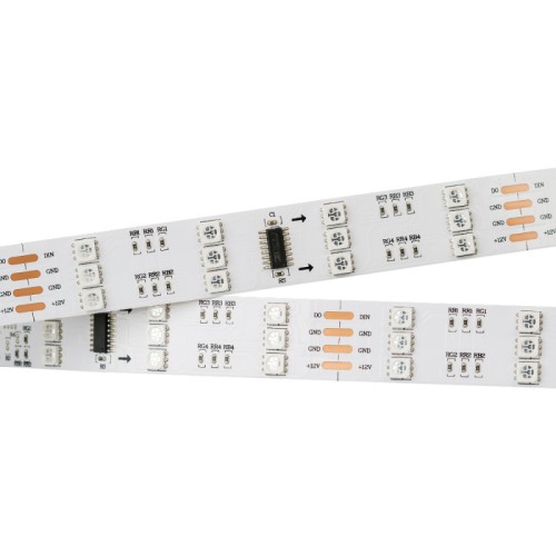Лента SPI-5000 12V RGB (5060, 480 LED x3,1812) (Arlight, Открытый, IP20) Гибкая открытая трехрядная лента «Бегущие огни» (IP20) с драйвером 1812. Длина 5м, 480шт LED RGB 5060, 32 pixel/m (1 pixel = 3 LED в одном столбце). Питание 12V, ном. мощн.12,8 Вт/м, макс. мощн-ть 16 Вт/м (статический белый цвет). Необходима подводка пит-я с 2 сторон ленты. Ширина 20 мм. Негерметичные ПРЯМОУГОЛЬНЫЕ коннекторы.