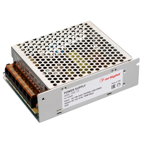 Блок питания ARS-100-12 (12V, 8.3A, 100W) (Arlight, IP20 Сетка, 2 года) Источник напряжения с гальванической развязкой для светодиодных изделий. Входное напряжение 185-264 VAC. Выходные параметры: 12 В, 8,3 А, 100 Вт. Встроенный PFC >0,5. Негерметичный алюминиевый сетчатый корпус IP 20. Габаритные размеры длина 130 мм, ширина 98 мм, высота 40 мм. Гарантийный срок 2 года.