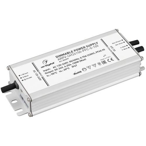 Блок питания ARPV-UH24150-PFC-0-10V (24V, 6.3A, 150W) (Arlight, IP67 Металл, 7 лет) Диммируемый источник напряжения по стандарту 0-10 В с гальванической развязкой для светодиодных изделий. Входное напряжение 120-240 VAC. Выходные параметры: 24 В, 6.3А, 150 Вт. Встроенный PFC >0.95. Герметичный алюминиевый корпус IP 67. Рабочая температура -40…+70C⁰. Габаритные размеры длина 188 мм, ширина 67.5 мм, высота 33.5 мм. Гарантийный срок 7 лет.