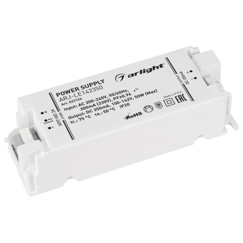Блок питания ARJ-LE142350 (50W, 350mA, PFC) (Arlight, IP20 Пластик, 3 года) Источник тока с гальванической развязкой для светильников и мощных светодиодов. Входное напряжение 220-240 VAC. Выходные параметры: 100-142 В, 350 mА, 50 Вт. Встроенный PFC >0.96. Негерметичный пластиковый корпус IP 20. Габаритные размеры длина 122 мм, ширина 43 мм, высота 30 мм. Гарантийный срок 3 года.
