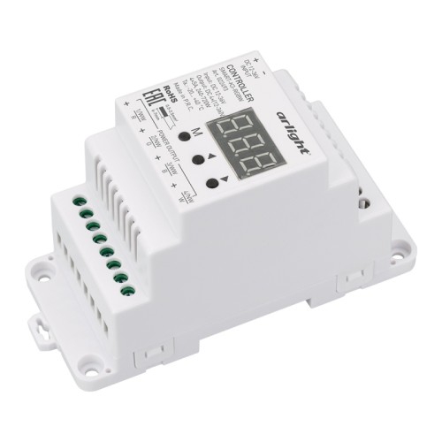 Контроллер SMART-K3-RGBW (12-36V, 4x5A, DIN, 2.4G) (Arlight, IP20 Пластик, 5 лет) Контроллер для светодиодной RGBW ленты (ШИМ). Питание/рабочее напряжение 12-36VDC, максимальный ток 5A на канал, 4 канала, максимальная мощность 240-720W. Винтовые клеммы. На корпусе цифровой монитор. Корпус - PVC. Габариты 115х48х67 мм. Управляется пультами и панелями серии SMART (поставляются отдельно).