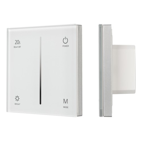 Панель SMART-P36-DIM-IN White (230V, 1.2A, TRIAC, Sens, 2.4G) (Arlight, IP20 Пластик, 5 лет) Встраиваемая сенсорная стеклянная панель 2.4 ГГц, цвет белый. Для управления одноцветными источниками света (TRIAC). Управление яркостью с помощью сенсорной полосы. Питание/рабочее напряжение 100-240VAC, 1 зона управления. Габариты 86х86х35 мм.