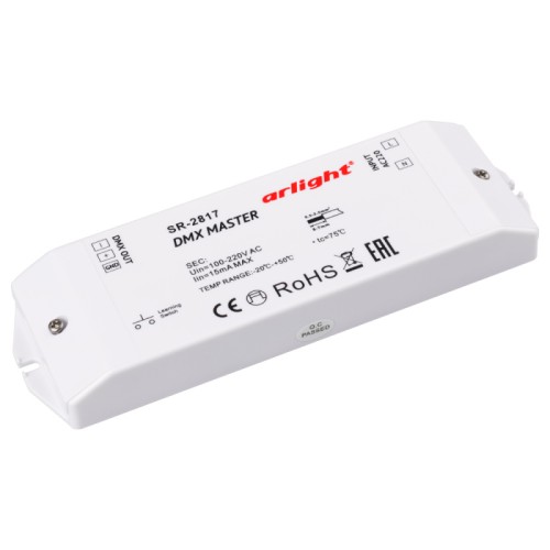 Контроллер DMX SR-2817 (220V, 8 зон) (Arlight, IP20 Пластик, 3 года) DMX контроллер, управление по радиоканалу пультами SR-2818, 2819, 2819S (поставляются отдельно), до 8 зон. Питание 220VAC, выход цифровой сигнал DMX. Подключение лент через любой DMX декодер. Размеры 177х57х21 мм.