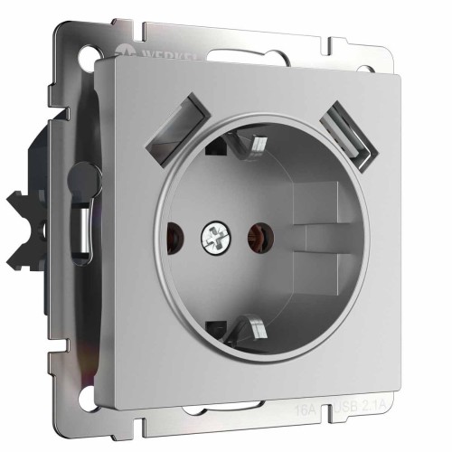 Розетка Werkel с заземлением, шторками и USBх2 серебряная W1171506 4690389156458 