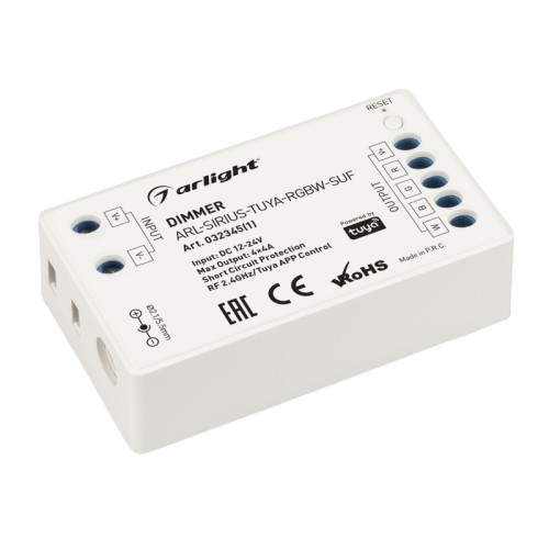 Диммер ARL-SIRIUS-TUYA-RGBW-SUF (12-24V, 4x4A, 2.4G) (Arlight, IP20 Пластик, 3 года) Контроллер четырехканальный для RGBW светодиодных лент. Питание/рабочее напряжение 12-24VDC, максимальный ток 4A на канал, 4 канала, максимальная мощность 192-384W. Частота ШИМ 1.95kГц, Wi-Fi 2.4G. Винтовые клеммы. Корпус - PVC. Габариты 70х40х20 мм. Cовместим с платформой TUYA, поддерживается управление ЯНДЕКС АЛИСА. Список совместимых пультов в разделе "Совместимые".