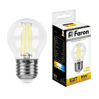  - Лампа светодиодная филаментная Feron E27 5W 2700K Шар Прозрачная LB-61 25581