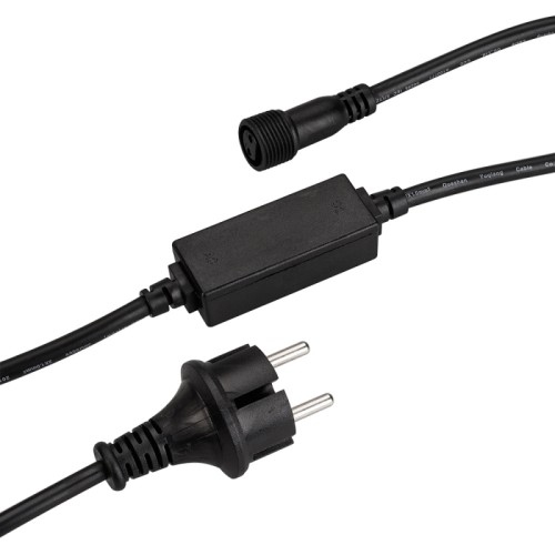 Шнур питания ARD-CLASSIC-STD-1.5M Black (230V, 1.6A) (Ardecoled, Закрытый) Шнур питания для светодиодных гирлянд постоянного свечения. Материал оболочки ПВХ. Цвет провода черный. В комплект входит: шнур питания с вилкой европейского стандарта (IP44), 2pin разъем подключения к гирлянде, выпрямитель AC/DC (1.6A). Длина провода 1.5 метра.