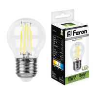  - Лампа светодиодная филаментная Feron E27 5W 4000K Шар Прозрачная LB-61 25582