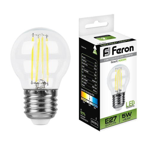 Лампа светодиодная филаментная Feron E27 5W 4000K Шар Прозрачная LB-61 25582 