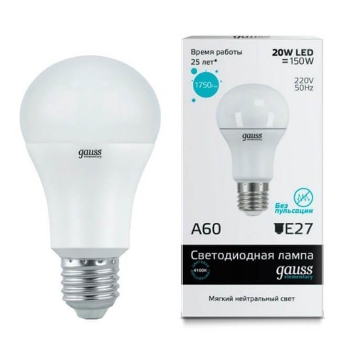 Лампа светодиодная Gauss E27 20W 4100K матовая 23229 