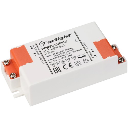 Блок питания ARJ-KE36500 (18W, 500mA, PFC) (Arlight, IP20 Пластик, 5 лет) Источник тока с гальванической развязкой для светильников и мощных светодиодов. Входное напряжение 220-240 VAC. Выходные параметры: 22-36 В, 500 mА, 18 Вт. Встроенный PFC >0.92. Негерметичный алюминиевый корпус IP 20. Габаритные размеры длина 88 мм, ширина 41 мм, высота 23 мм. Гарантийный срок 5 лет.