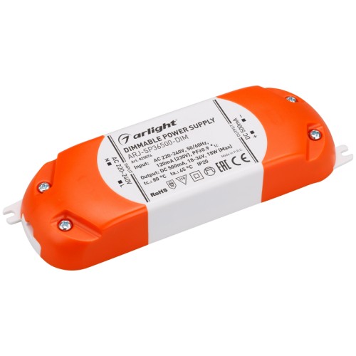 Блок питания ARJ-SP36500-DIM (18W, 500mA, PFC, Triac) (Arlight, IP20 Пластик, 3 года) Диммируемый источник тока по стандарту TRIAC с гальванической развязкой для светильников и мощных светодиодов. Входное напряжение 220-240 VAC. Выходные параметры: 18-36 В, 500 mА, 18 Вт. Встроенный PFC >0,9. Негерметичный пластиковый корпус IP 20. Габаритные размеры длина 148 мм, ширина 46 мм, высота 23 мм. Гарантийный срок 3 года.