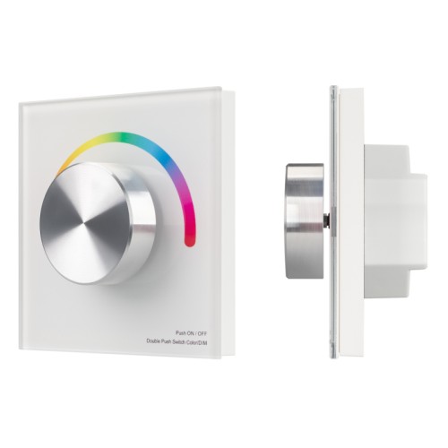 Панель SMART-P8-RGB-G-IN White (12-24V, 3x4A, Rotary, 2.4G) (Arlight, IP20 Пластик, 5 лет) Встраиваемая роторная стеклянная панель 2.4 ГГц, цвет белый. Для управления RGB источниками света (ШИМ). Управление цветом с помощью роторного вращателя. Работает в режиме master/slave и может выполнять функцию независимого контроллера. Питание/рабочее напряжение 12-24VDC, 3 канала по 4А максимальной нагрузки на канал, максимальная суммарная мощность 144-288W. Габариты 86х86х50 мм. Панель совместима с контроллерами и пультами серии SMART.
