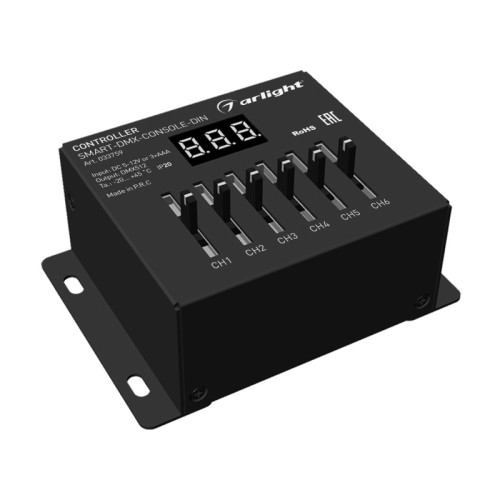 Контроллер SMART-DMX-CONSOLE-DIN (5-12V, 6CH, XLR3) (Arlight, IP20 Металл, 5 лет) Консольный DMX512 контроллер. Питание DC5-12V либо 3хААА батарейки, выход цифровой сигнал DMX512, 6 каналов управления, терминальные клеммы, XLR3 разъем, цифровой дисплей. Габариты 97х70х40 мм. Корпус - метал. Управляется слайдерными ползунками.