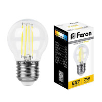  - Лампа светодиодная филаментная Feron E27 7W 2700K Шар Прозрачная LB-52 25876