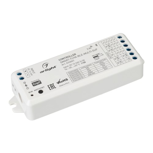 Контроллер SMART-TUYA-BLE-MULTI-SUF (12-24V, 5x3A, RGB-MIX, 2.4G) (Arlight, IP20 Пластик, 5 лет) Многофункциональный 5-канальный контроллер для светодиодной RGB и MIX лент и модулей (ШИМ), управляемый по 2.4G+Bluetooth (SIG MESH), интерфейс TUYA, совместим с приложением INTELLIGENT ARLIGHT. Питание/рабочее напряжение 12-24VDC, максимальный ток 3A на канал, 5 каналов, максимальная мощность 180-360W. Винтовые клеммы. Корпус - PVC. Габариты 114x38x20 мм. Совместим с пультами и панелями SMART.