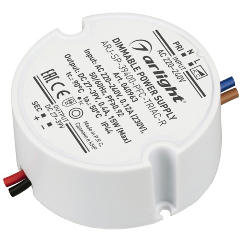 Блок питания ARJ-SP-39400-PFC-TRIAC-R (15W, 27-39V, 400mA) (Arlight, IP44 Пластик, 5 лет) 