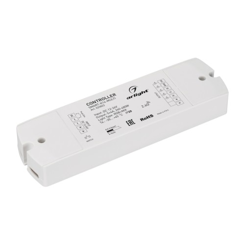 Контроллер SMART-K14-MULTI (12-24V, 5x4A, RGB-MIX, 2.4G) (Arlight, IP20 Пластик, 5 лет) СМЕШИВАЕТ RGB И БЕЛЫЙ ЦВЕТ. Многофункциональный 5-канальный контроллер для светодиодной RGB и MIX лент и модулей (ШИМ). Питание/рабочее напряжение 12-24VDC, максимальный ток 4A на канал, 5 каналов, максимальная мощность 240-480W. Винтовые клеммы. Корпус - PVC. Габариты 170x50x23 мм. Управляется пультами и панелями серии SMART (поставляются отдельно).