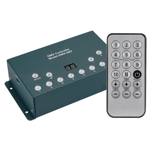 Контроллер DMX-Q02A (USB, 512 каналов, ПДУ 18кн) (Arlight, IP20 Металл, 1 год) Универсальный DMX-контроллер с подключением к компьютеру (live mode 512 каналов или stand alone mode 512 каналов). Artnet, XLR3, RJ45 коннекторы. Питание 5 VDC. Инфракрасный ПДУ. Софт прилагается. Запись во внутр. память 4Mb. Размеры 165х89х42 мм, вес 430г.