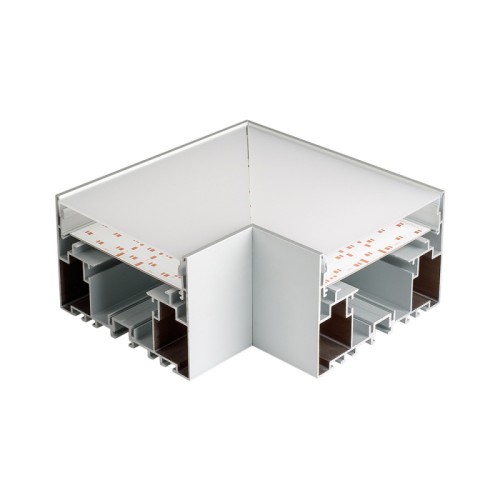 Угол S2-LINE-10570-L90 прямой (Arlight, Металл) Состыковочный угол в сборе для соединения 2-х профилей S2-LINE-10570 под прямым углом 90°, в комплекте с экраном, образующим линию на плоскости. В комплекте матовый экран с выпуском 20мм для подрезки, площадка для ленты, соединители. Длина внешней стороны угла 150мм.