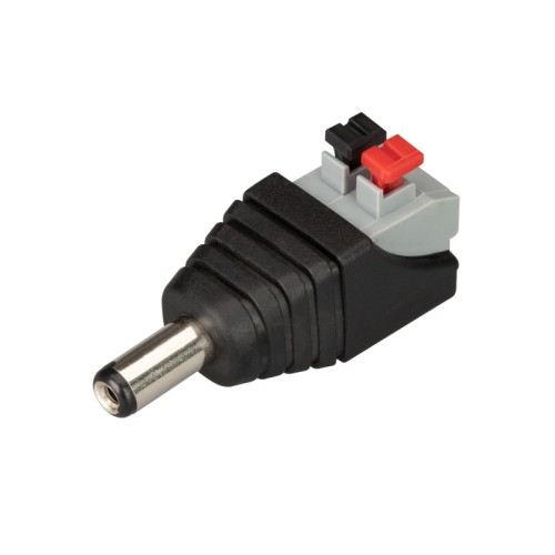 Коннектор ARL-MONO-2pin-M (Jack 5.5) (Arlight, -) Коннектор для подключения светодиодных лент к сетевым адаптерам с DC-коннектором 5.5 мм (напряжение не выше 48 В). Одна сторона - клеммная колодка самозажимная для провода ленты, вторая - DC-разъем (папа) для сетевого адаптера. Номинальный ток 3 А.