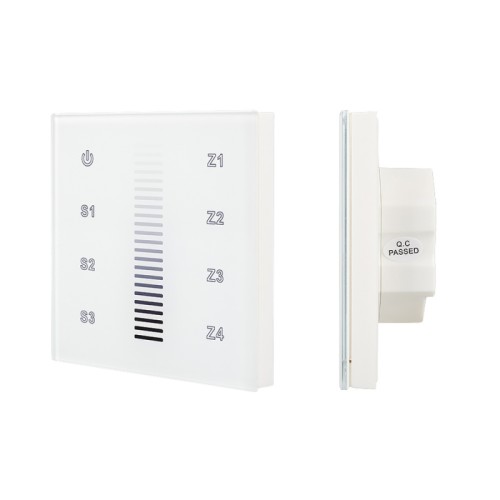Панель Sens SR-2830A-RF-IN White (220V,DIM,4 зоны) (Arlight, IP20 Пластик, 3 года) Встраиваемая сенсорная панель для с/д одноцветных лент. Работает вместе с контроллерами серии SR-1009x. Стеклянная Touch-панель, цвет белый. Управление 4 зонами по радиоканалу. Питание 220V. Размер 86x86x29 мм. Аналогичные по дизайну панели в серии SMART (устройства не совместимы).