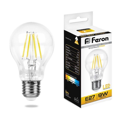 Лампа светодиодная филаментная Feron E27 9W 2700K Шар Прозрачная LB-63 25631 