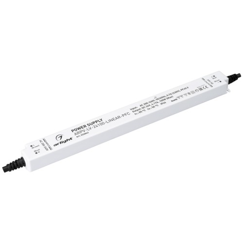 Блок питания ARPV-LV-24100-LINEAR-PFC (24V, 4.17A, 100W) (Arlight, IP66 Пластик, 3 года) Источник напряжения с гальванической развязкой для светодиодных изделий. Входное напряжение 200-240 VAC. Выходные параметры: 24 В, 4.16 А, 100 Вт. Встроенный PFC >0.95. Сверхтонкий пластиковый корпус IP66. Габаритные размеры длина 356 мм, ширина 30 мм, высота 20 мм. Гарантийный срок 3 года.
