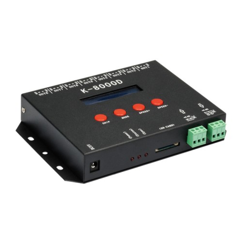 Контроллер DMX K-8000D (4096 pix, SD-card) (Arlight, IP20 Металл, 1 год) DMX контроллер c SD картой, поддержка чипов стандарта DMX512 / DMX512AP - N / WS2821A ; 8 портов, поддержка 512x8 pixel с функцией записи адреса, вес 0,8кг. Размеры 200×170×50 мм. ПО LED Edit.